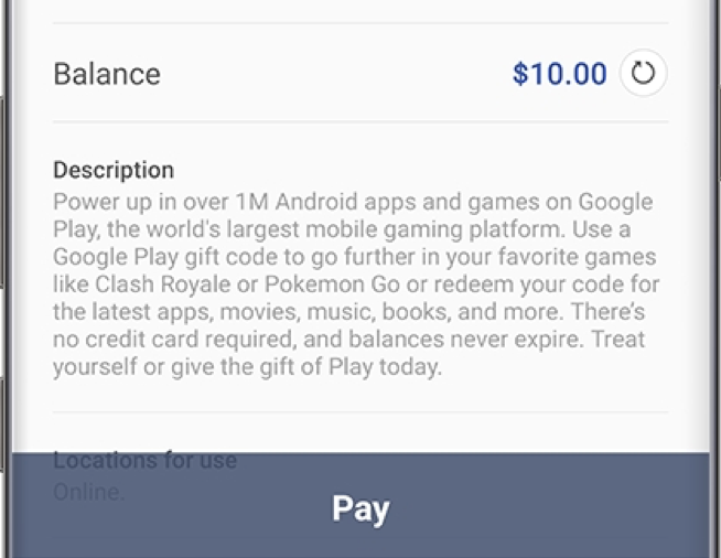 Screenshot of Samsung Pay Wallet with gift card balance
