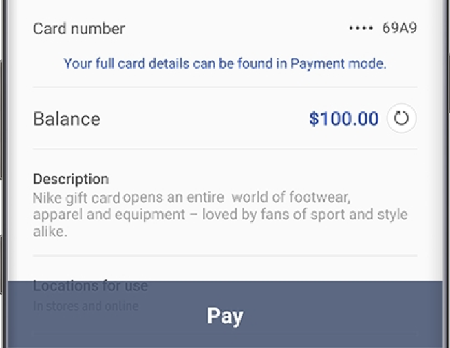 Screenshot of Samsung Pay Wallet with Nike gift cad balance