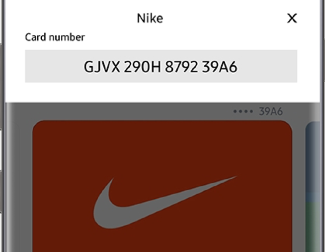 Screenshot of Samsung Pay Wallet with Nike gift card number displayed
