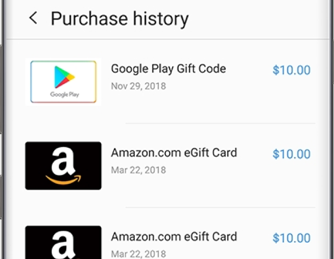 Screenshot of purchase history in Samsung Pay.